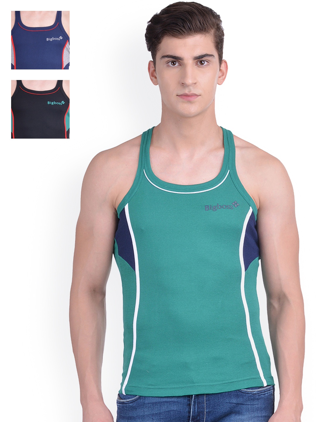 

Dollar Bigboss Men's Solid Pack of 3 Cotton Racerback Styled Gym Vest, Green