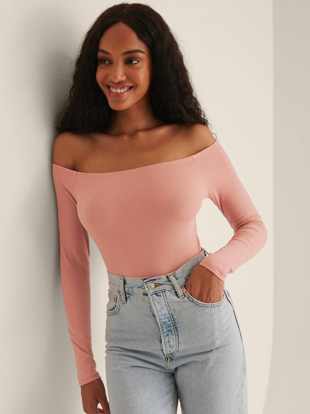 

NA-KD Women Dusty Pink Ribbed Off-Shoulder Top, Rose