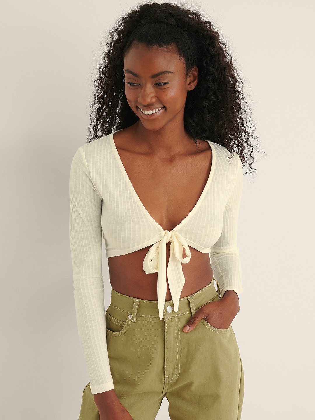 

NA-KD Women Off White Ribbed Crop Top