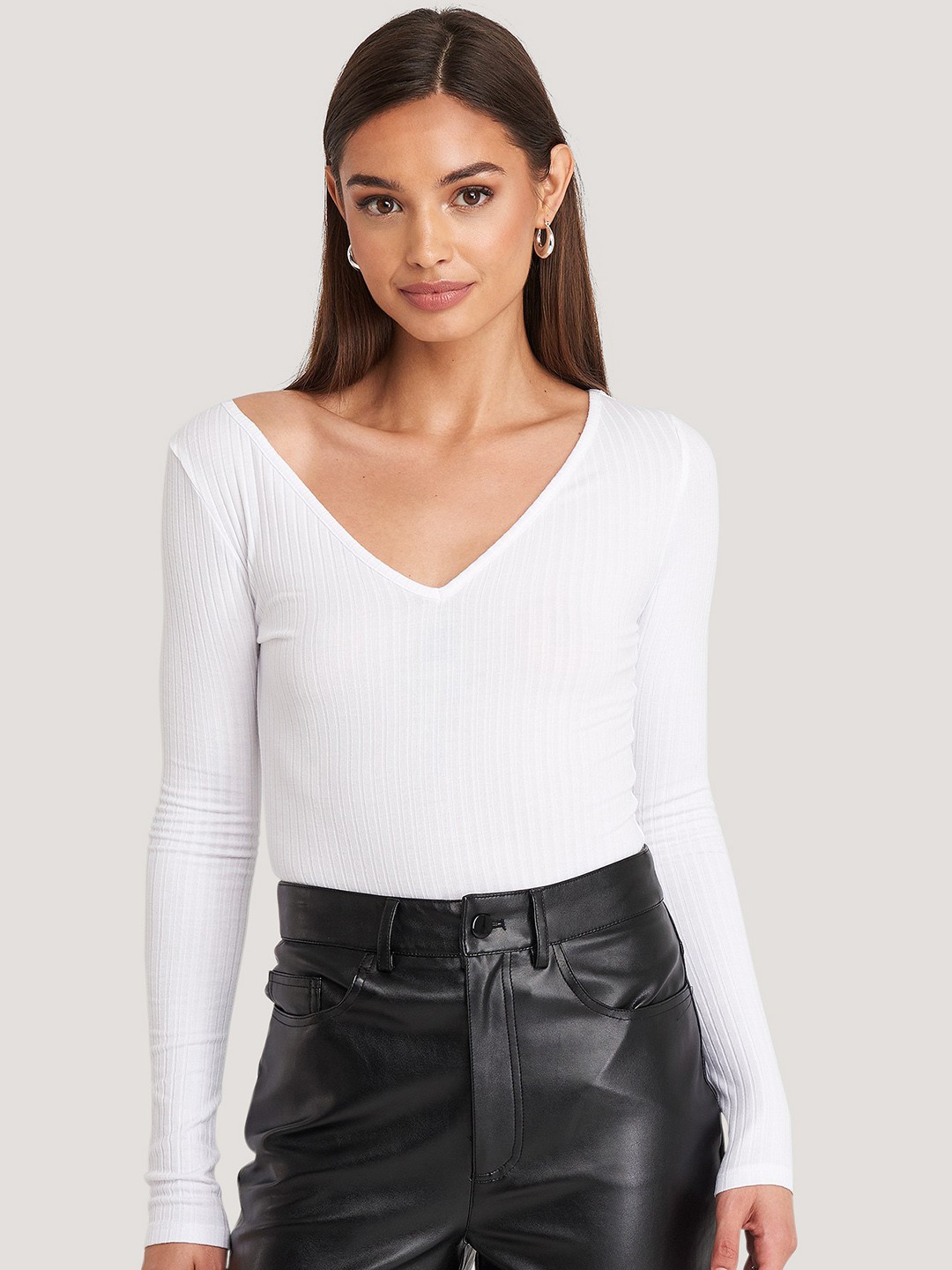 

NA-KD White Self-Striped V-Neck Top