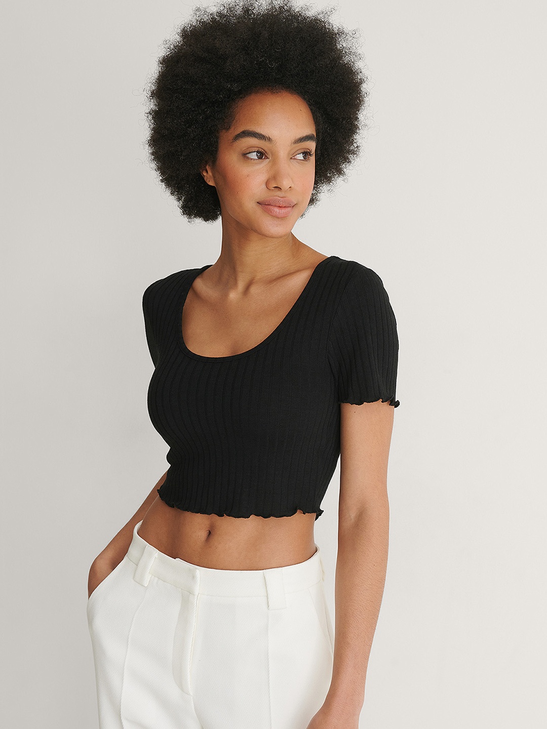 

NA-KD Women Black Ribbed Fitted Crop Top