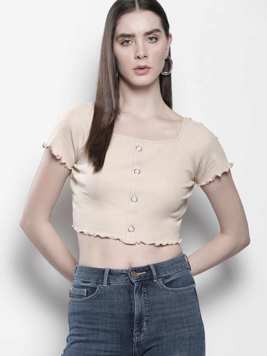 

NA-KD Women Ribbed Crop Top, Beige