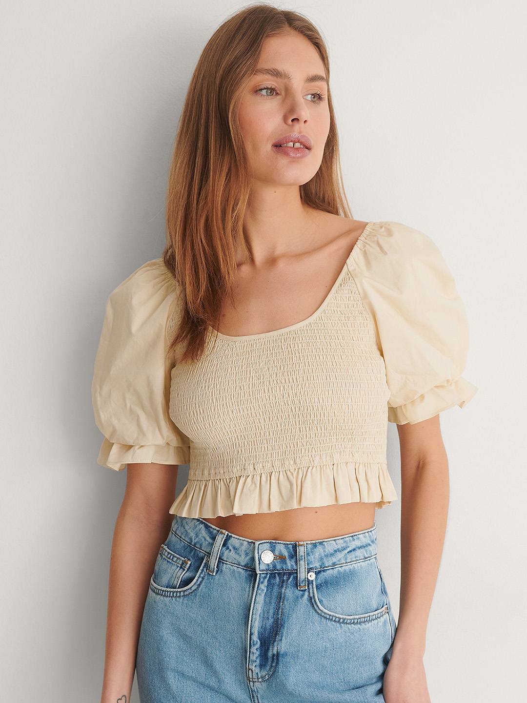 

NA-KD Beige Solid Pure Cotton Ruffles Smocked Top