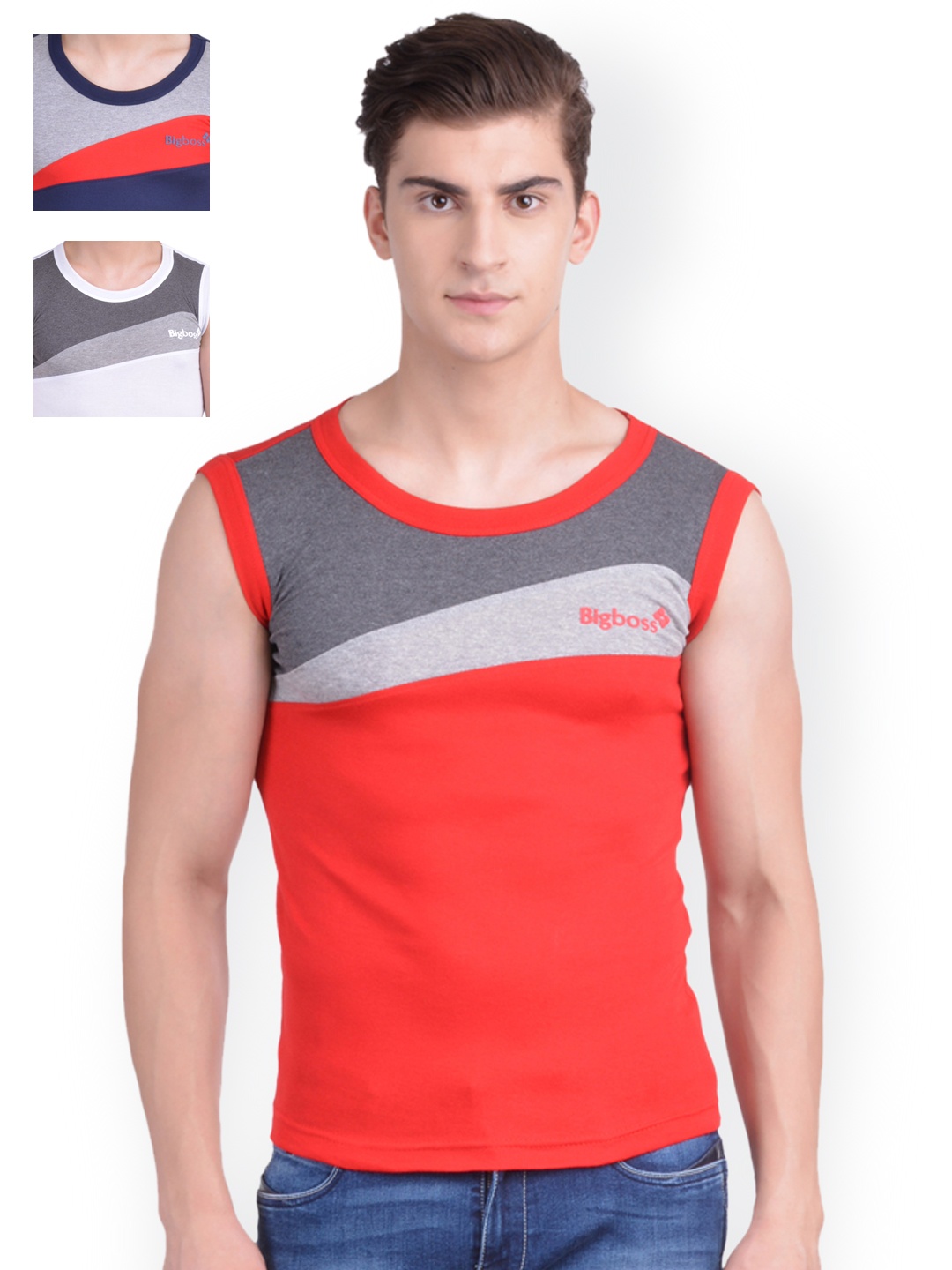 

Dollar Bigboss Men Solid Pack of 3 Combed Cotton Racerback Styled Gym Vest, Red