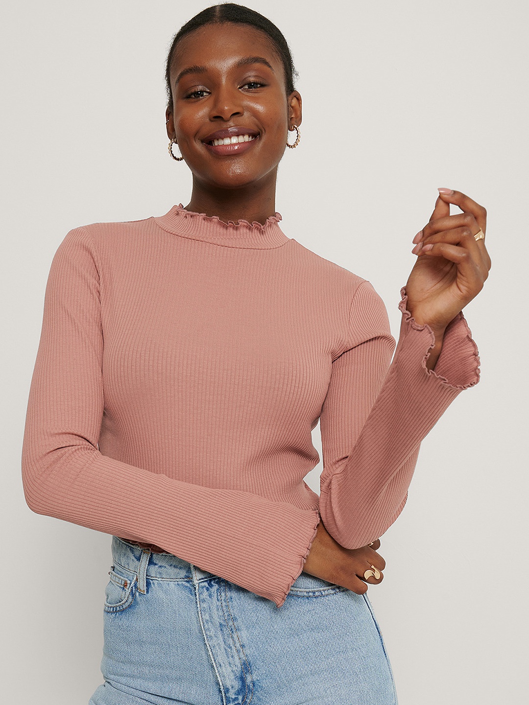 

NA-KD Dusty Pink Ribbed Mandarin Collar Lettuce Hem Crop Top, Rose