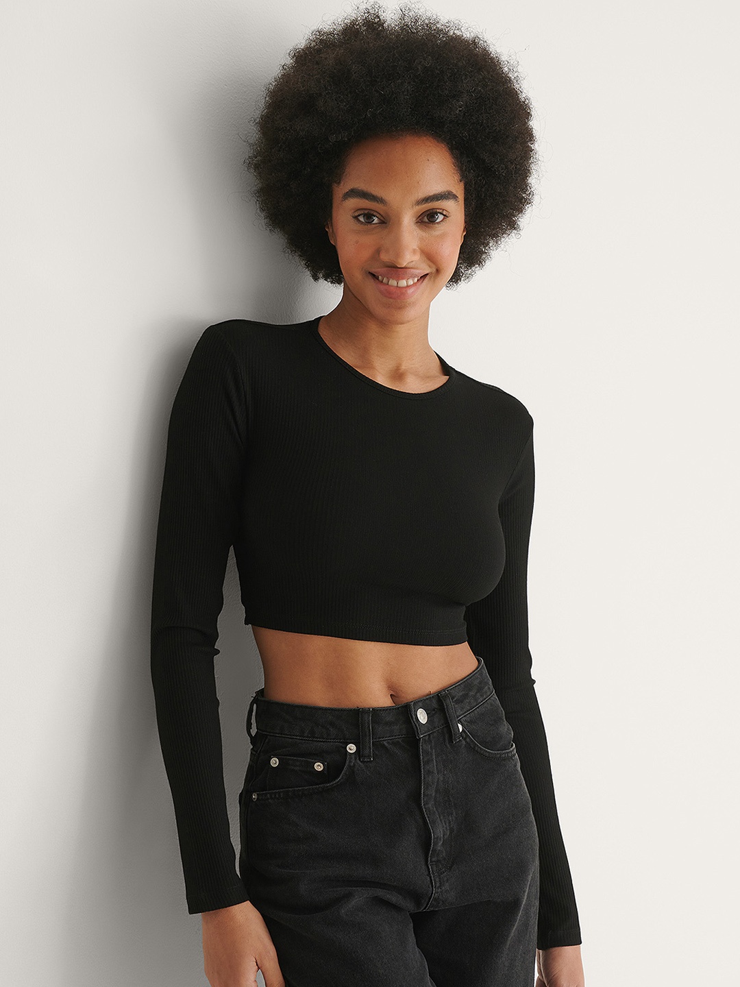 

NA-KD Women Black Ribbed Styled Back Crop Top