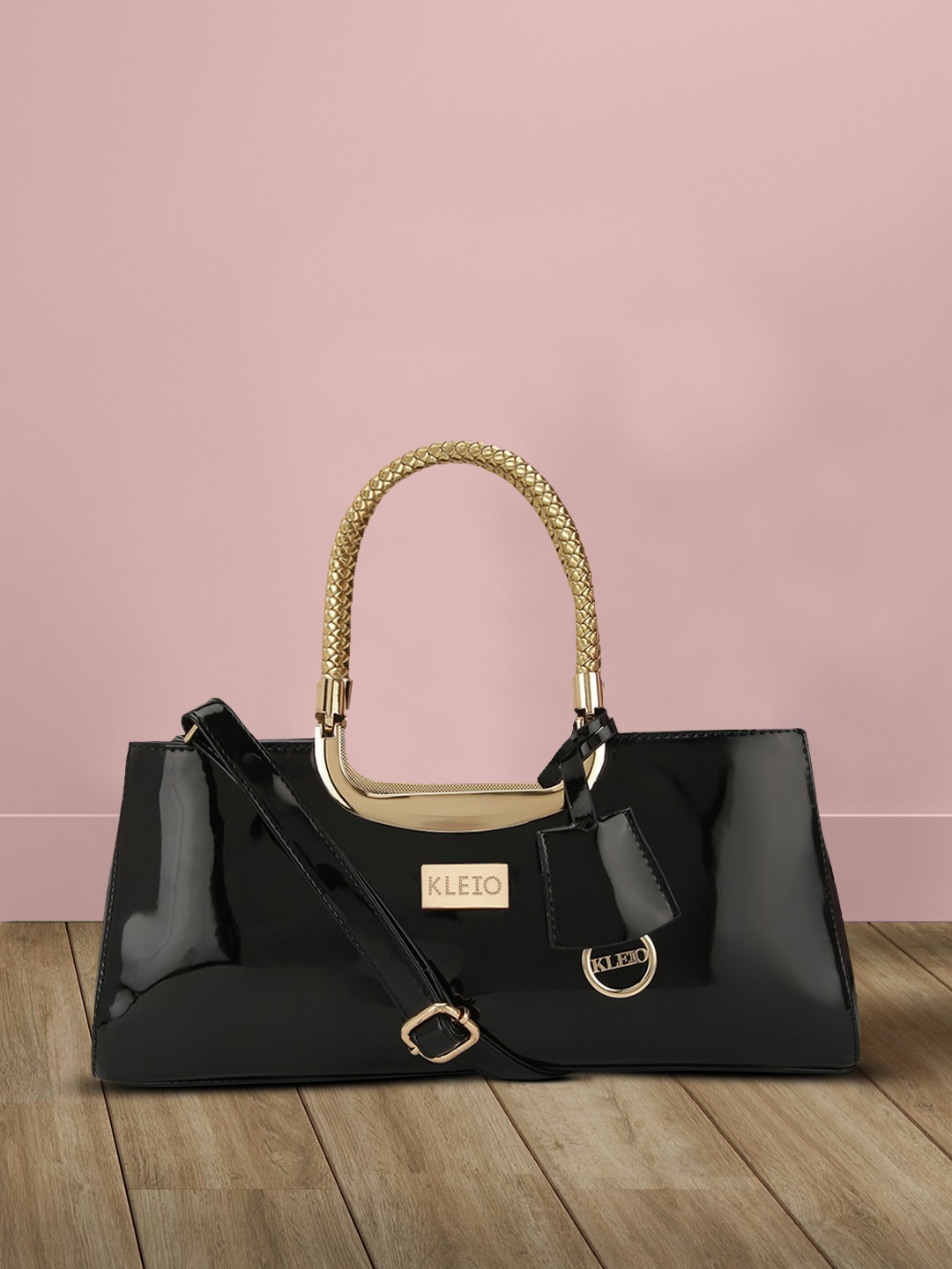 

KLEIO Women Patent PU Braided Handle Handbag, Black