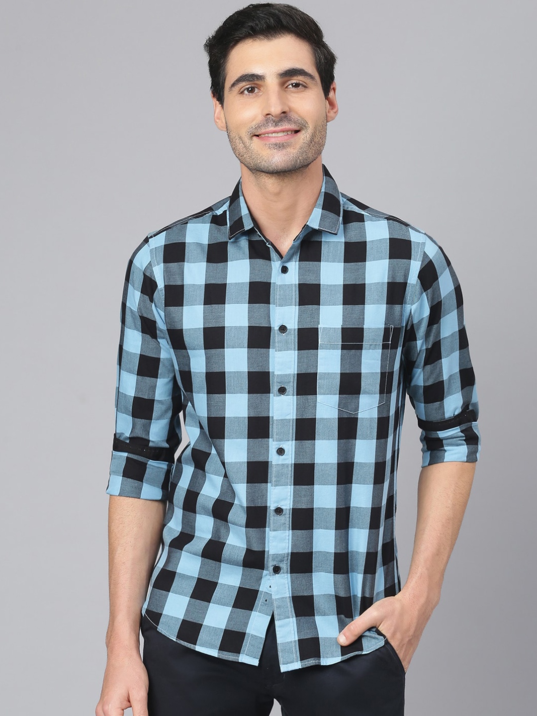 

Dennis Lingo Men Blue Comfort Slim Fit Buffalo Checks Cotton Casual Shirt