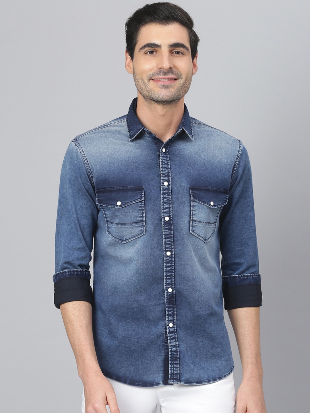 

Dennis Lingo Men Blue Comfort Slim Fit Faded Cotton Casual Denim Shirt