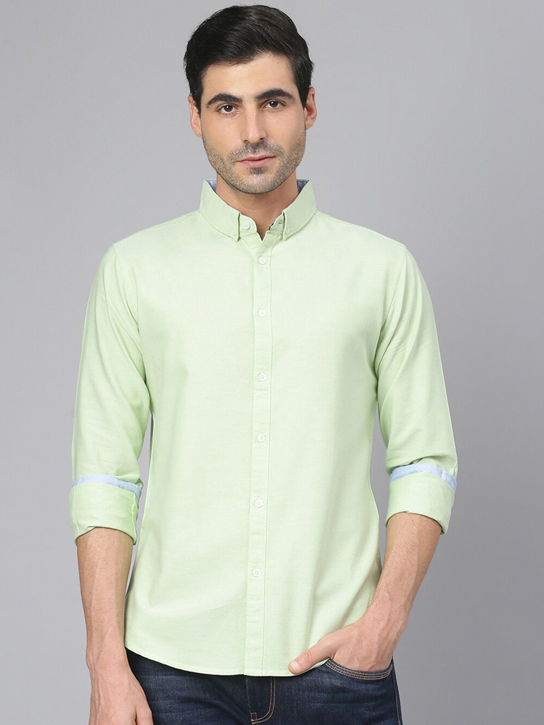 

Dennis Lingo Men Pista Green Comfort Slim Fit Cotton Casual Shirt