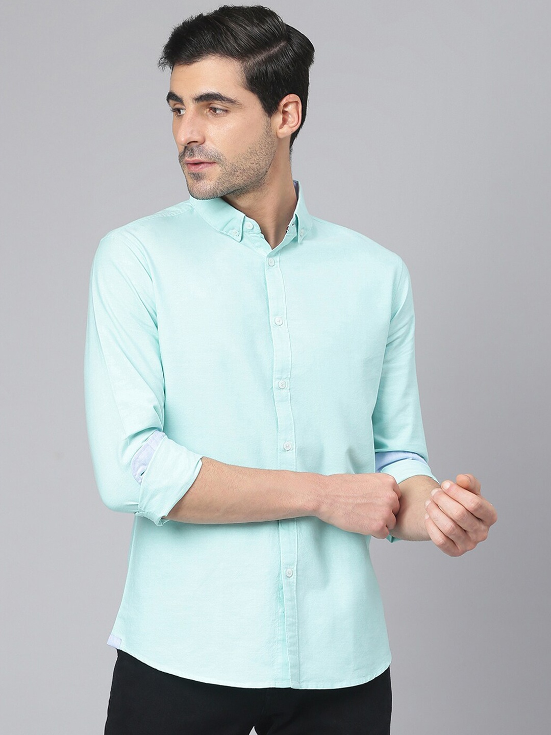 

Dennis Lingo Men Turquoise Blue Comfort Slim Fit Cotton Casual Shirt