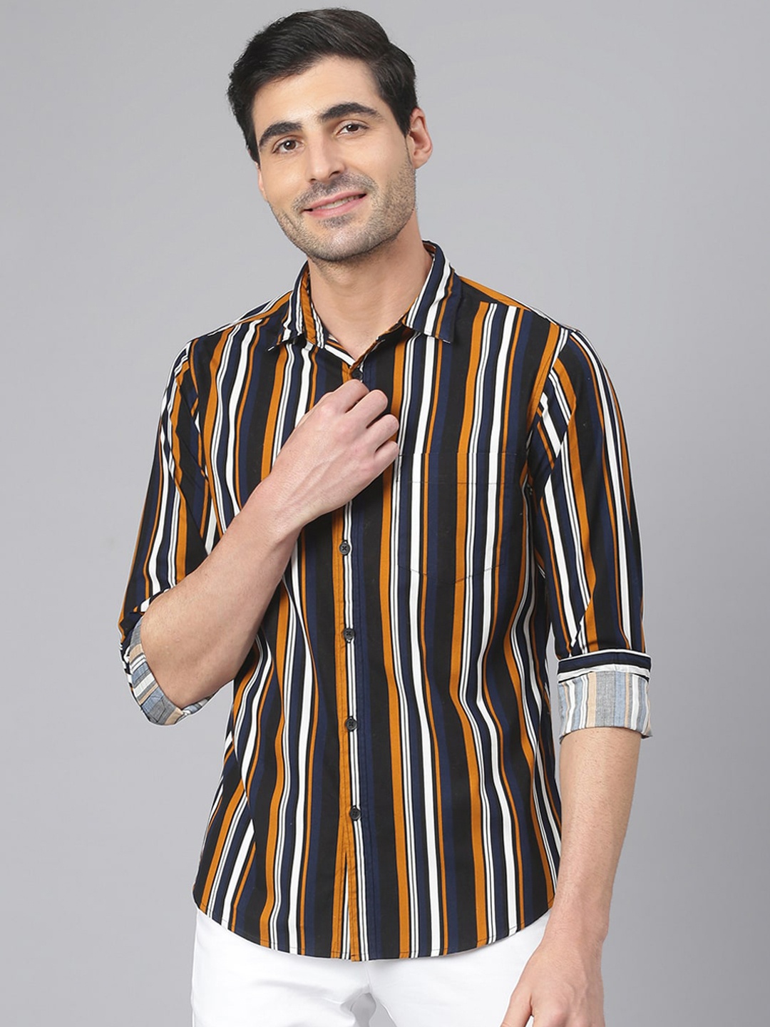 

Dennis Lingo Men Comfort Slim Fit Multi Or Variegated Stripes Opaque Cotton Casual Shirt, Black