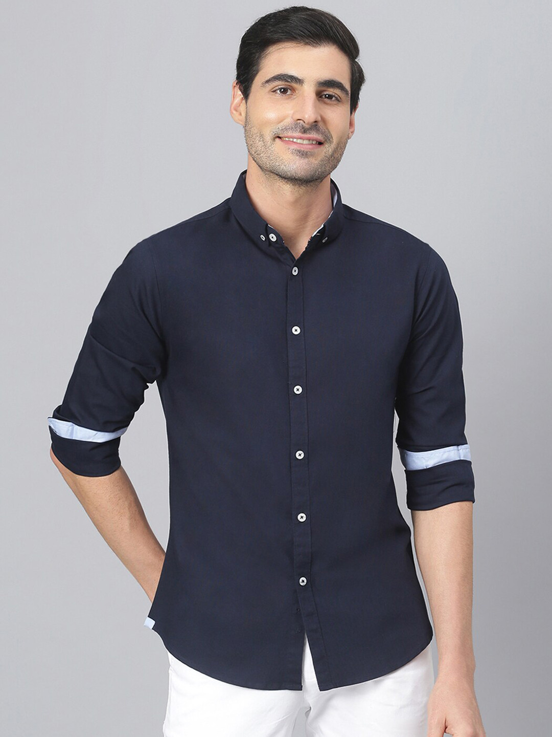 

Dennis Lingo Men Navy Blue Comfort Slim Fit Cotton Casual Shirt