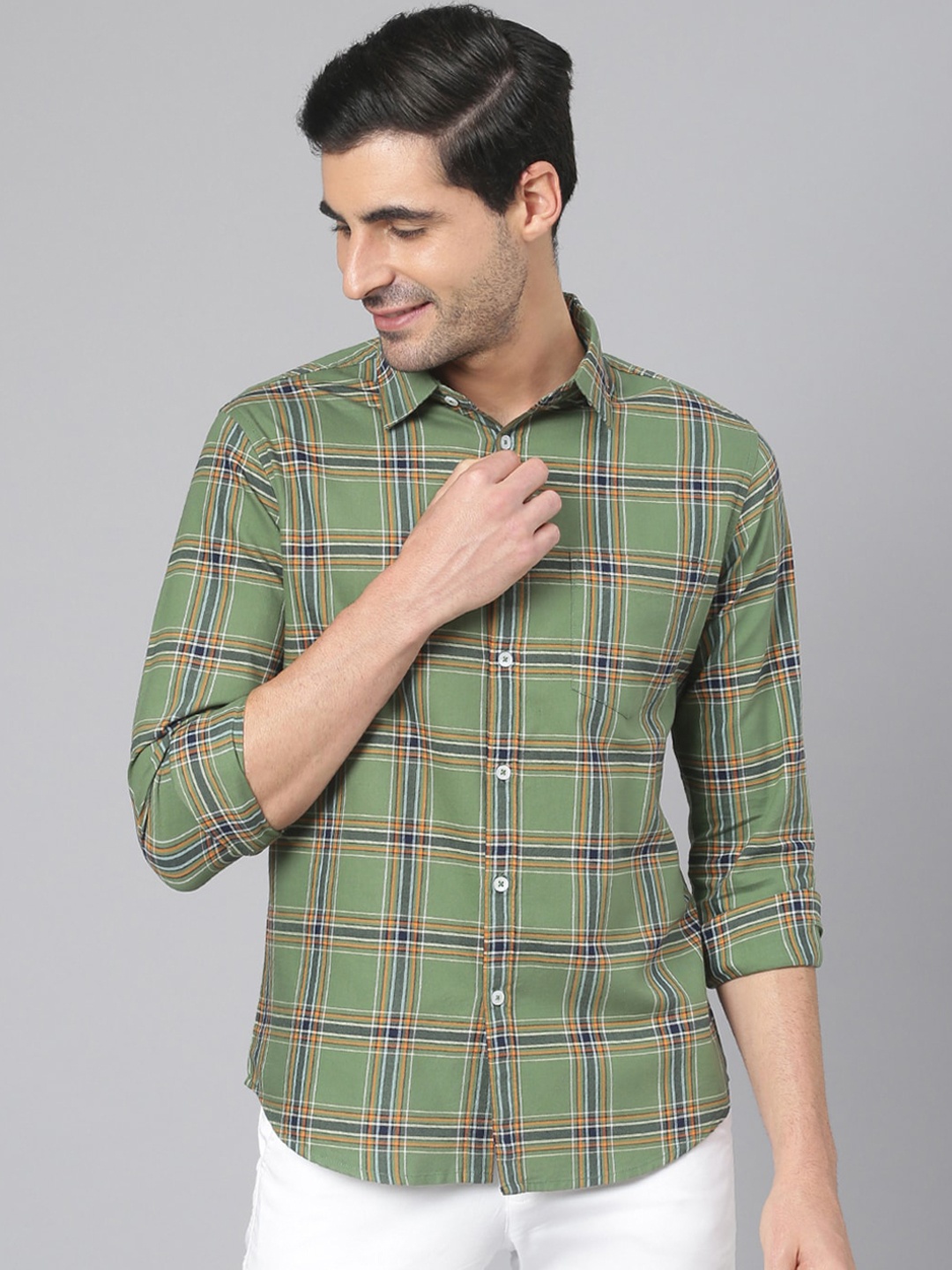 

Dennis Lingo Men Green Comfort Slim Fit Tartan Checks Cotton Casual Shirt
