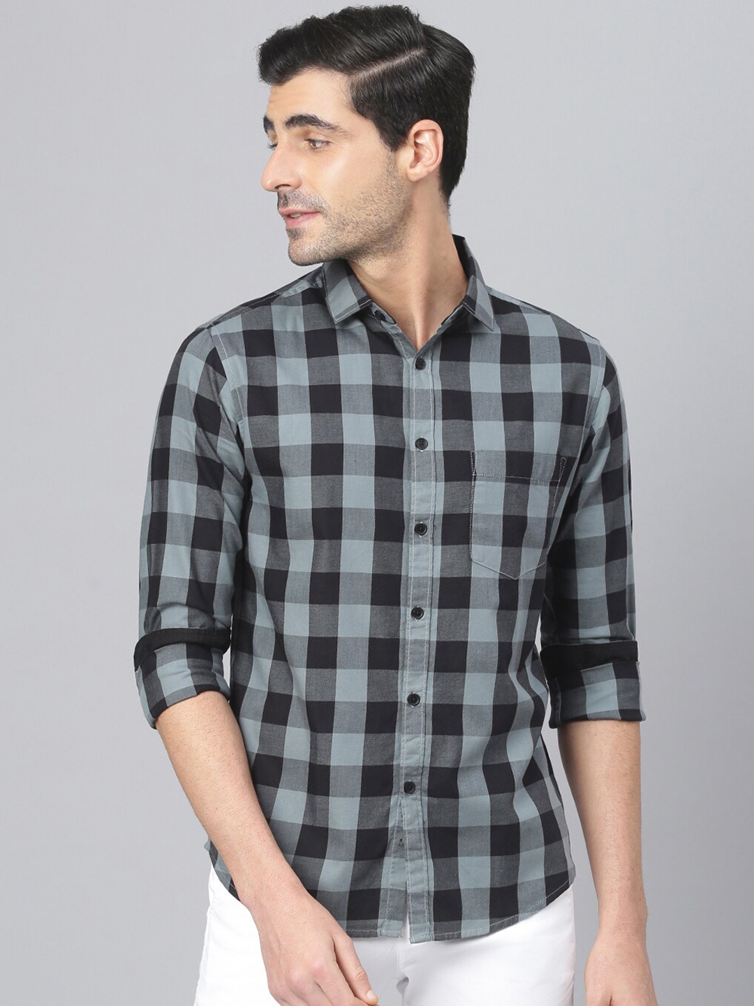 

Dennis Lingo Men Grey Comfort Slim Fit Buffalo Checks Cotton Casual Shirt