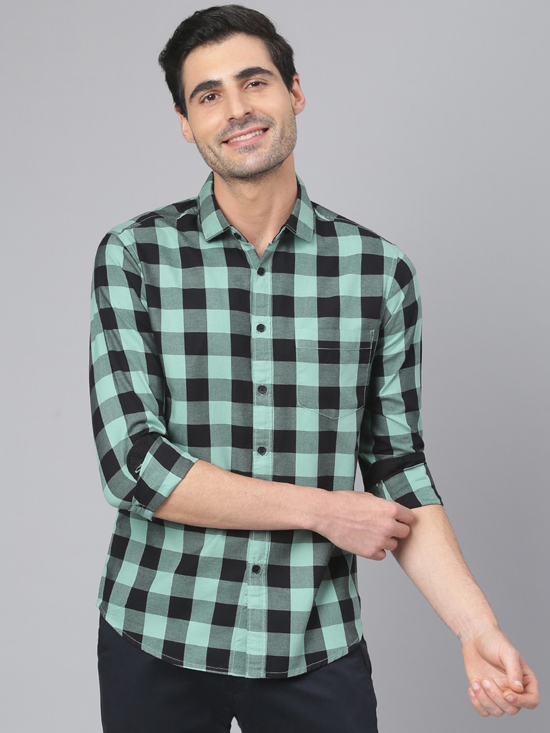 

Dennis Lingo Men Green Comfort Slim Fit Buffalo Checks Cotton Casual Shirt