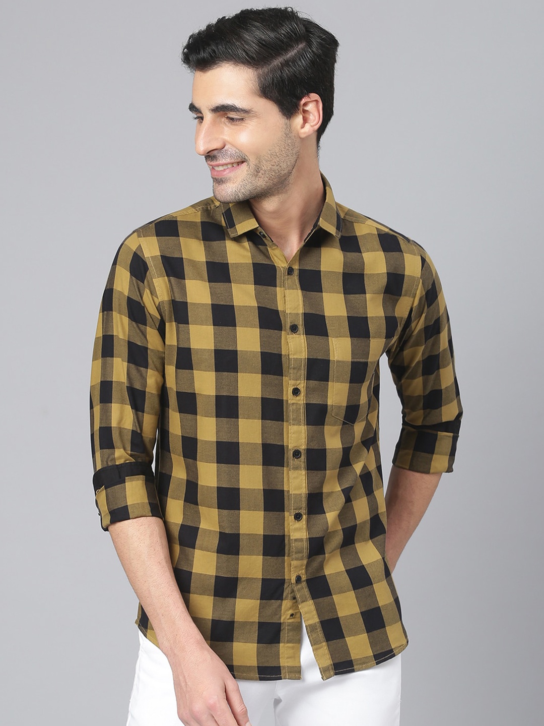 

Dennis Lingo Men Mustard Yellow Comfort Slim Fit Buffalo Checks Cotton Casual Shirt