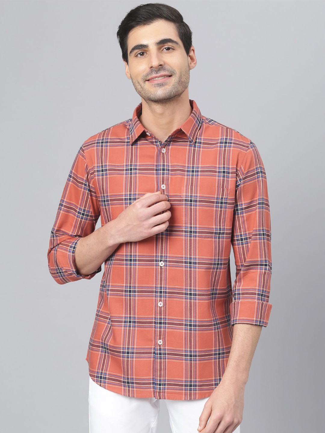 

Dennis Lingo Men Red Comfort Slim Fit Tartan Checks Cotton Casual Shirt