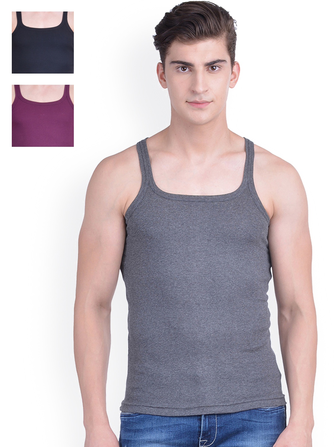 

Dollar Bigboss Men Pack of 3 Solid Combed Cotton Racerback Gym Vests MDBB-01-PO3-2, Grey