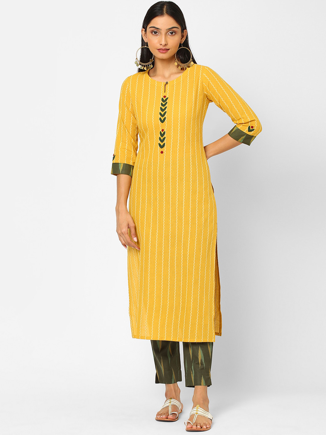 

KAMI KUBI Women Mustard Yellow Ethnic Motifs Yoke Design Pure Cotton Kurta with Trousers