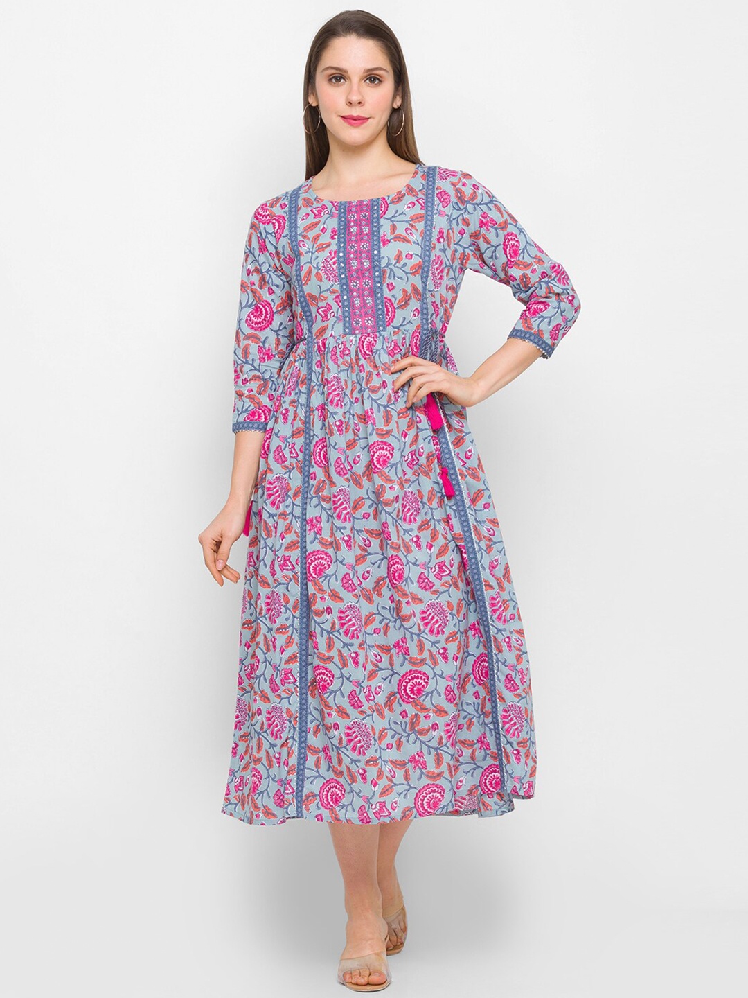 

Globus Blue Floral Printed Pure Cotton Fit & Flare Midi Dress
