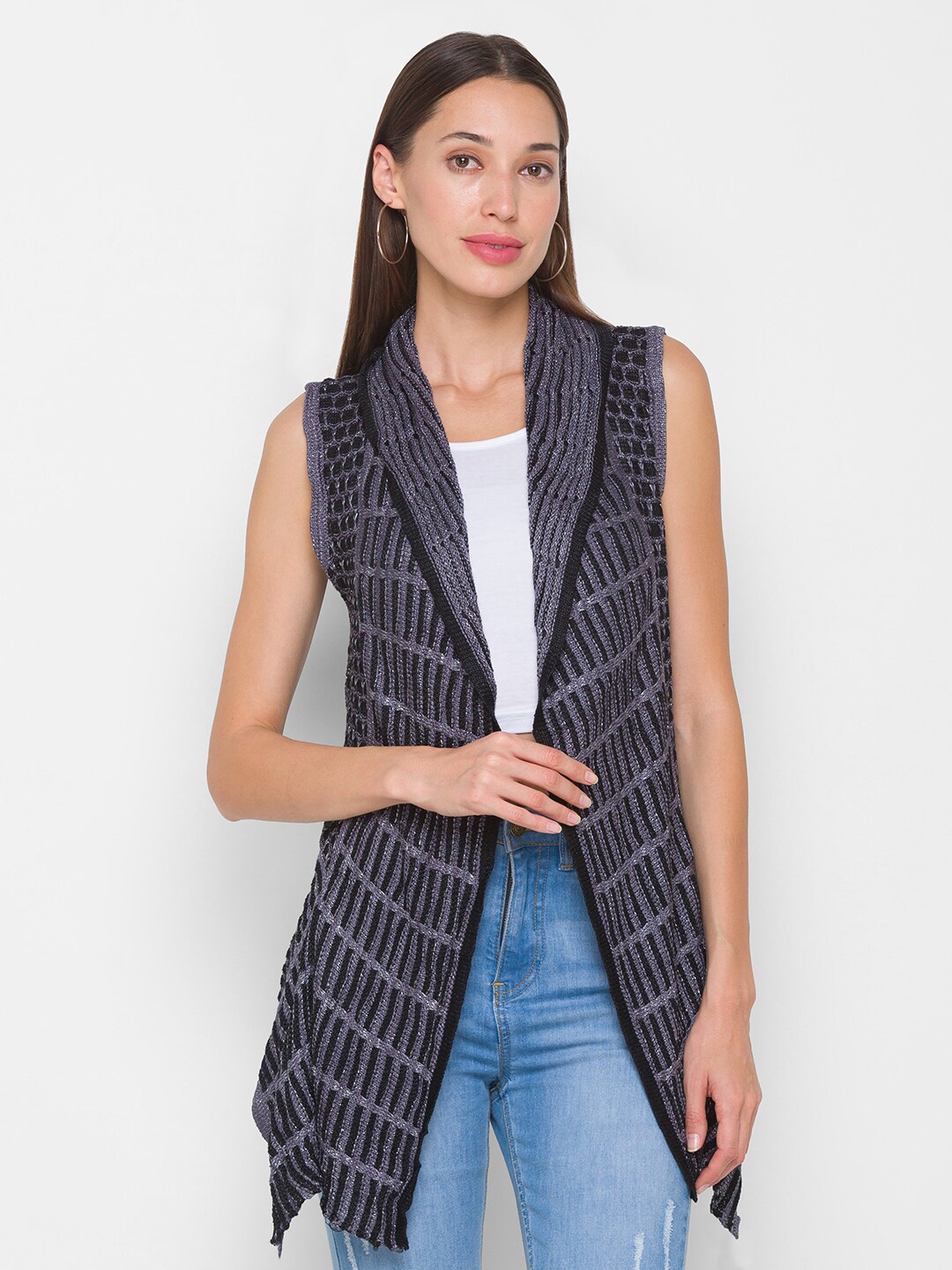 

Globus Women Black Self Design Open Front Shrug