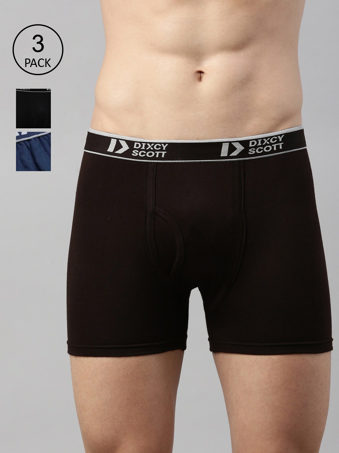 

DIXCY SCOTT Men Pack Of 3 Blue & Brown Solid Trunks