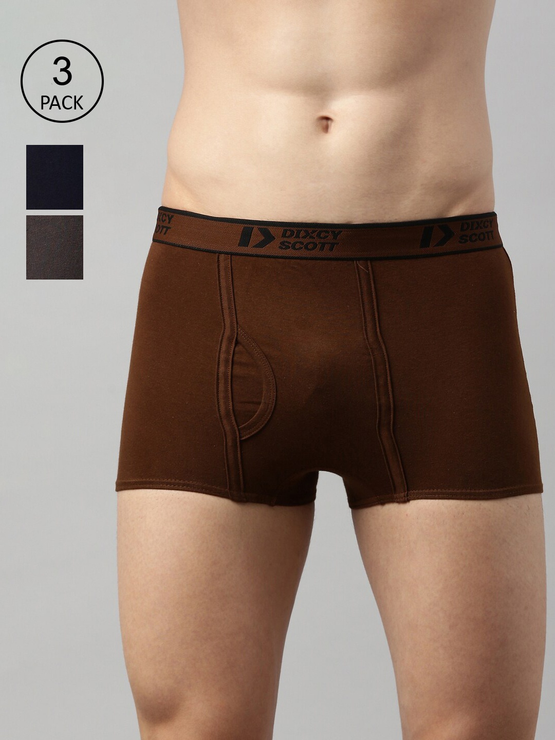 

DIXCY SCOTT Men Pack Of 3 Coffee Brown & Navy Blue Solid Trunks
