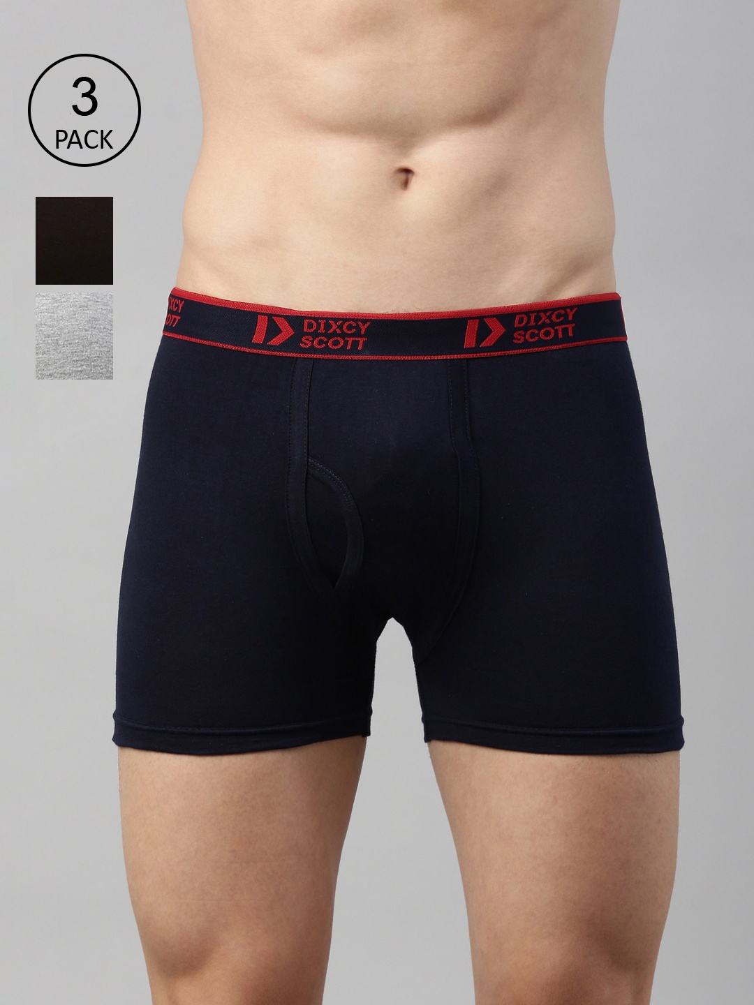 

DIXCY SCOTT Men Navy Blue & Grey Melange Pack Of 3 Solid Pure Cotton Trunk