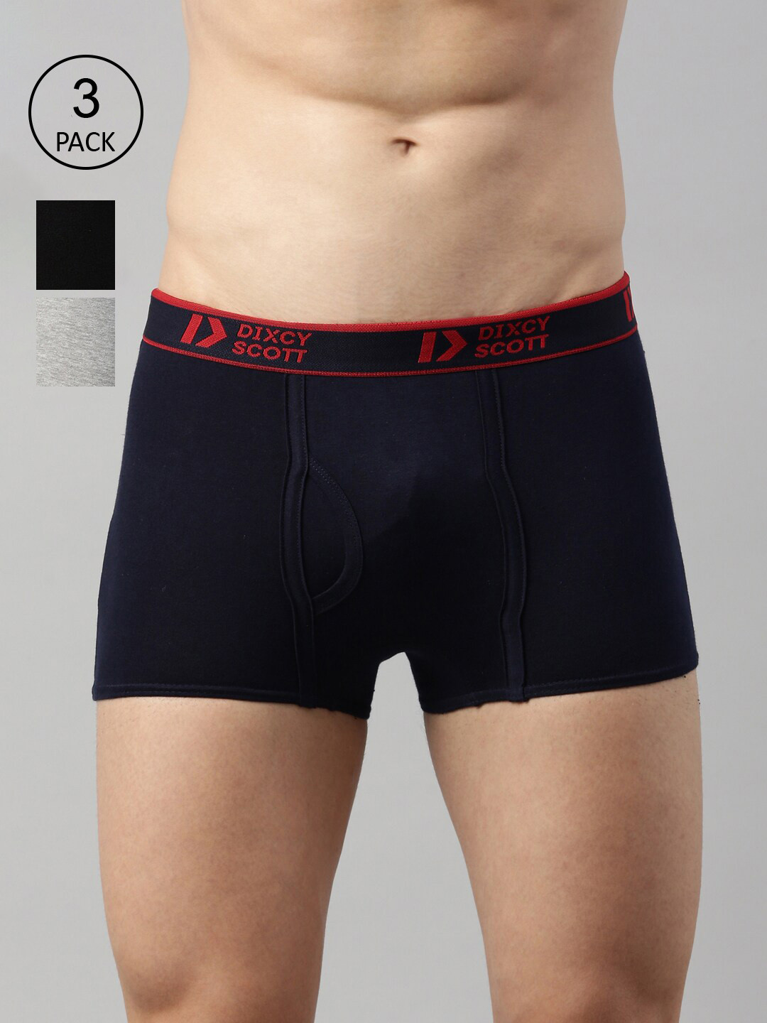 

DIXCY SCOTT Men Black & Grey Melange Pack Of 3 Cotton Solid Snug fit Trunk
