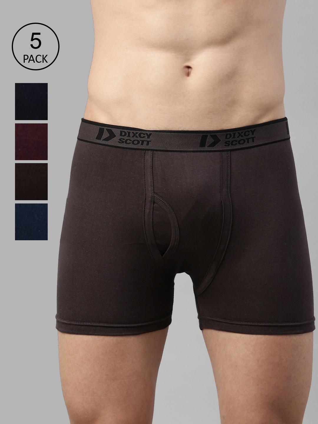 

DIXCY SCOTT Men Pack Of 5 Navy Blue & Grey Solid Cotton Comfort Fit Trunks