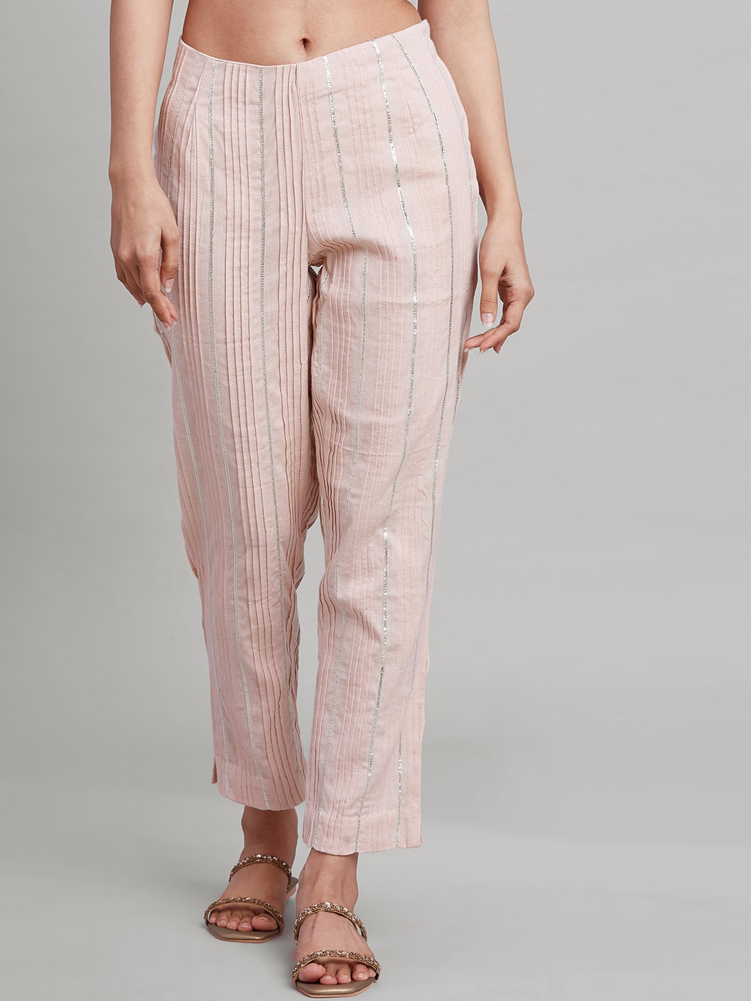 

W The Folksong Collection Women Pink Striped Gotta Patti Trousers