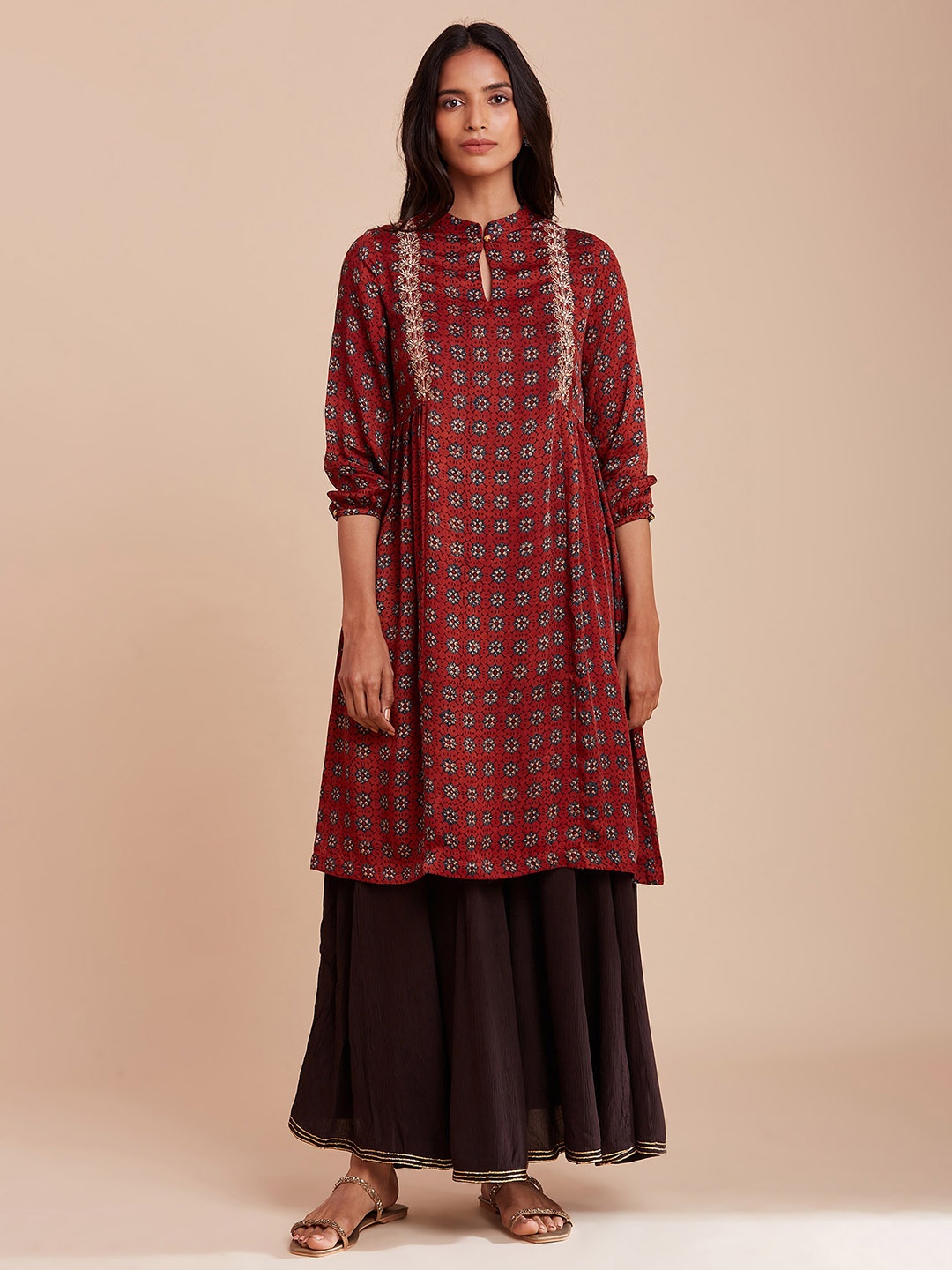 

W The Folksong Collection Women Red Ethnic Motifs Printed Keyhole Neck A-line Kurta