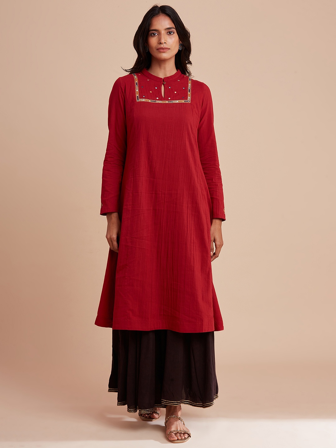 

W The Folksong Collection Women Red Yoke Design Keyhole Neck Pure Cotton Kurta