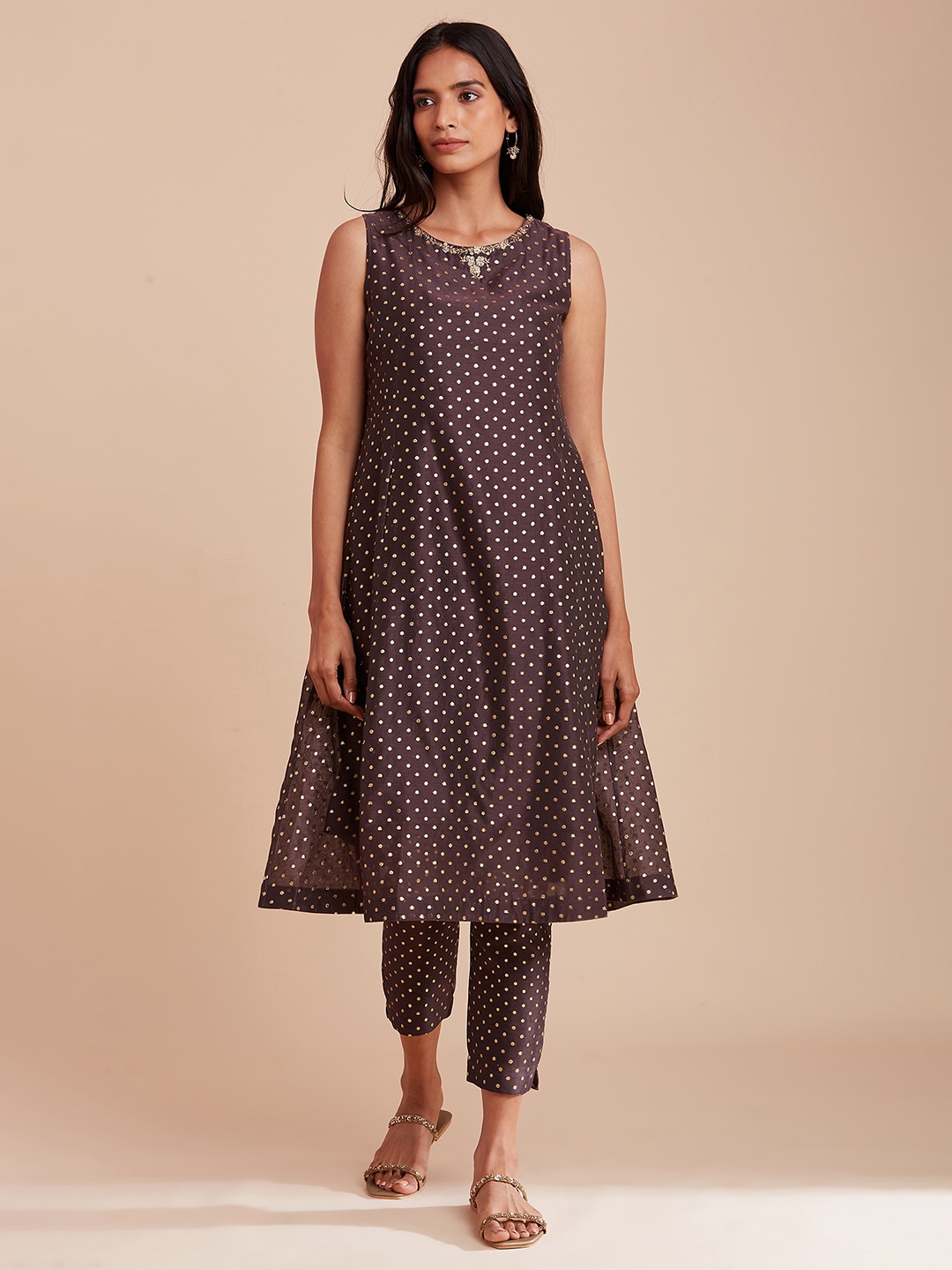 W The Folksong Collection Women Brown Geometric Zardozi Anarkali Kurta