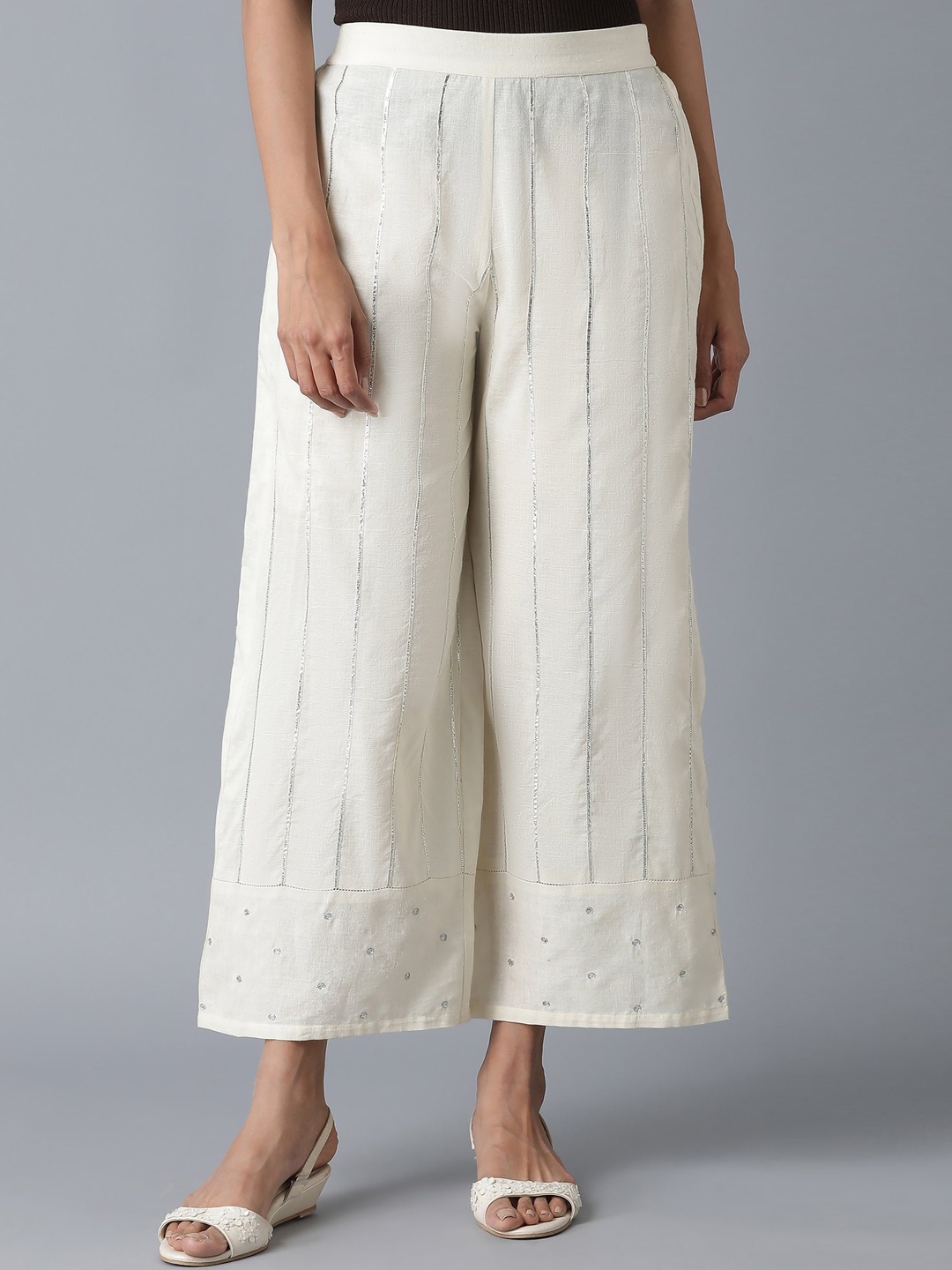 

W The Folksong Collection Women White Printed Cotton Parallel Trousers