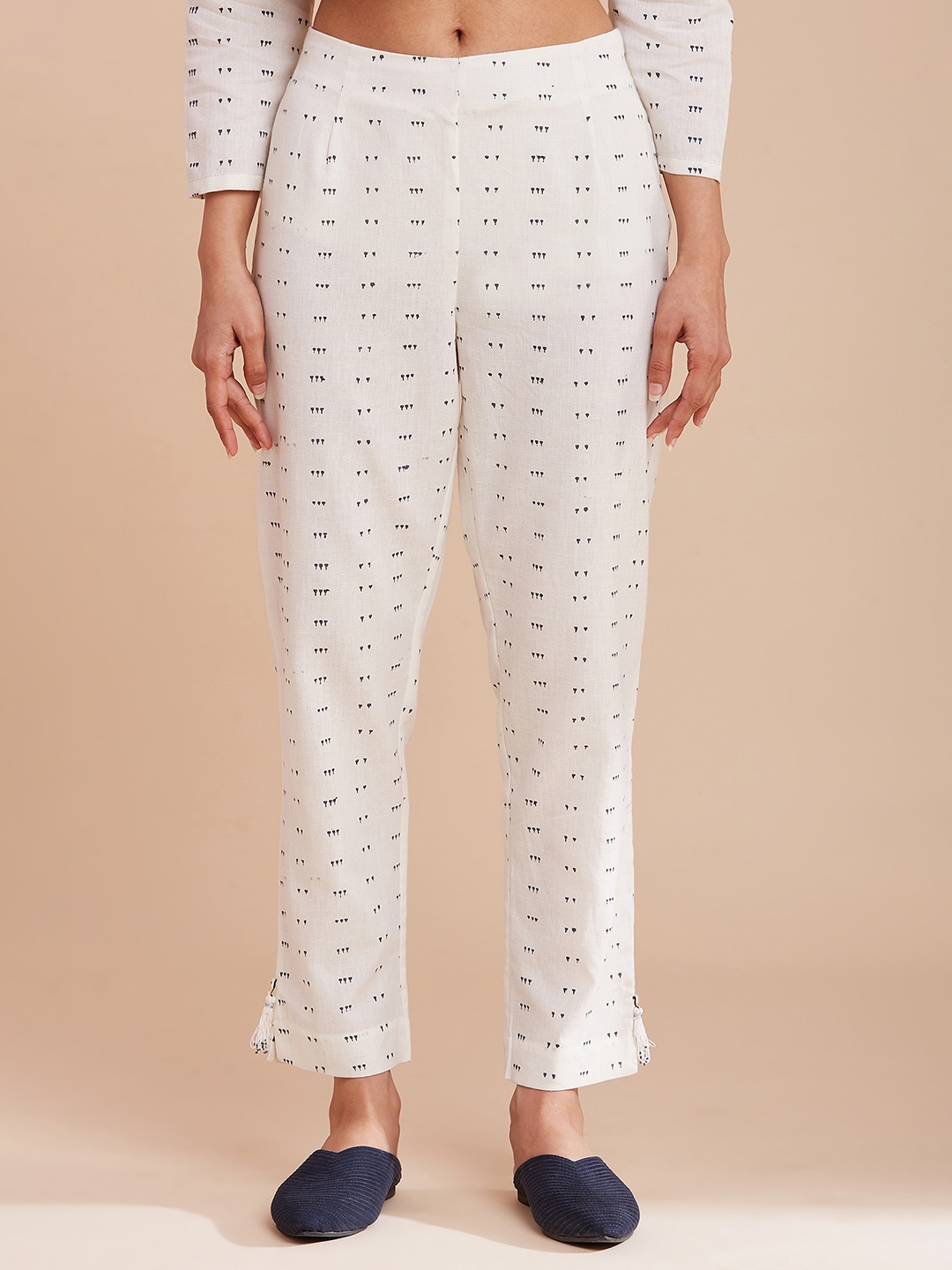 

W The Folksong Collection Women White Printed Cotton Trousers