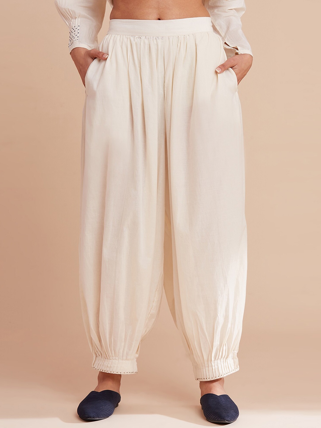 

W The Folksong Collection Women Cream-Colored Solid Straight Fit Pure Cotton Salwar