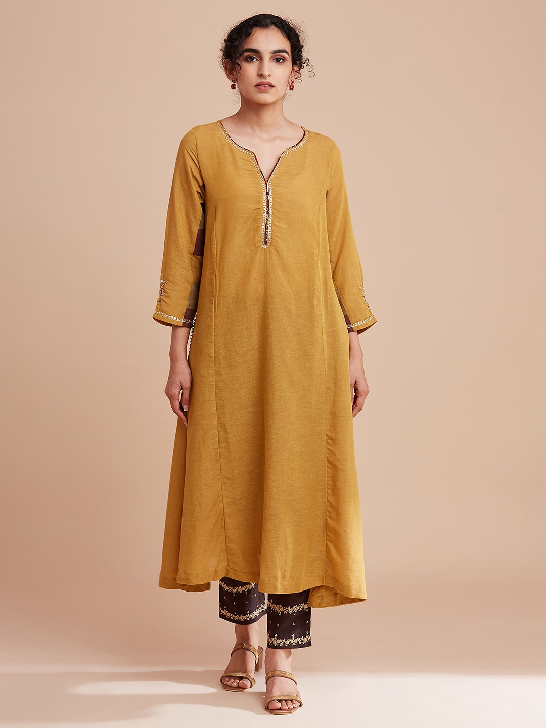 

W The Folksong Collection Women Yellow Thread Work Anarkali Kurta