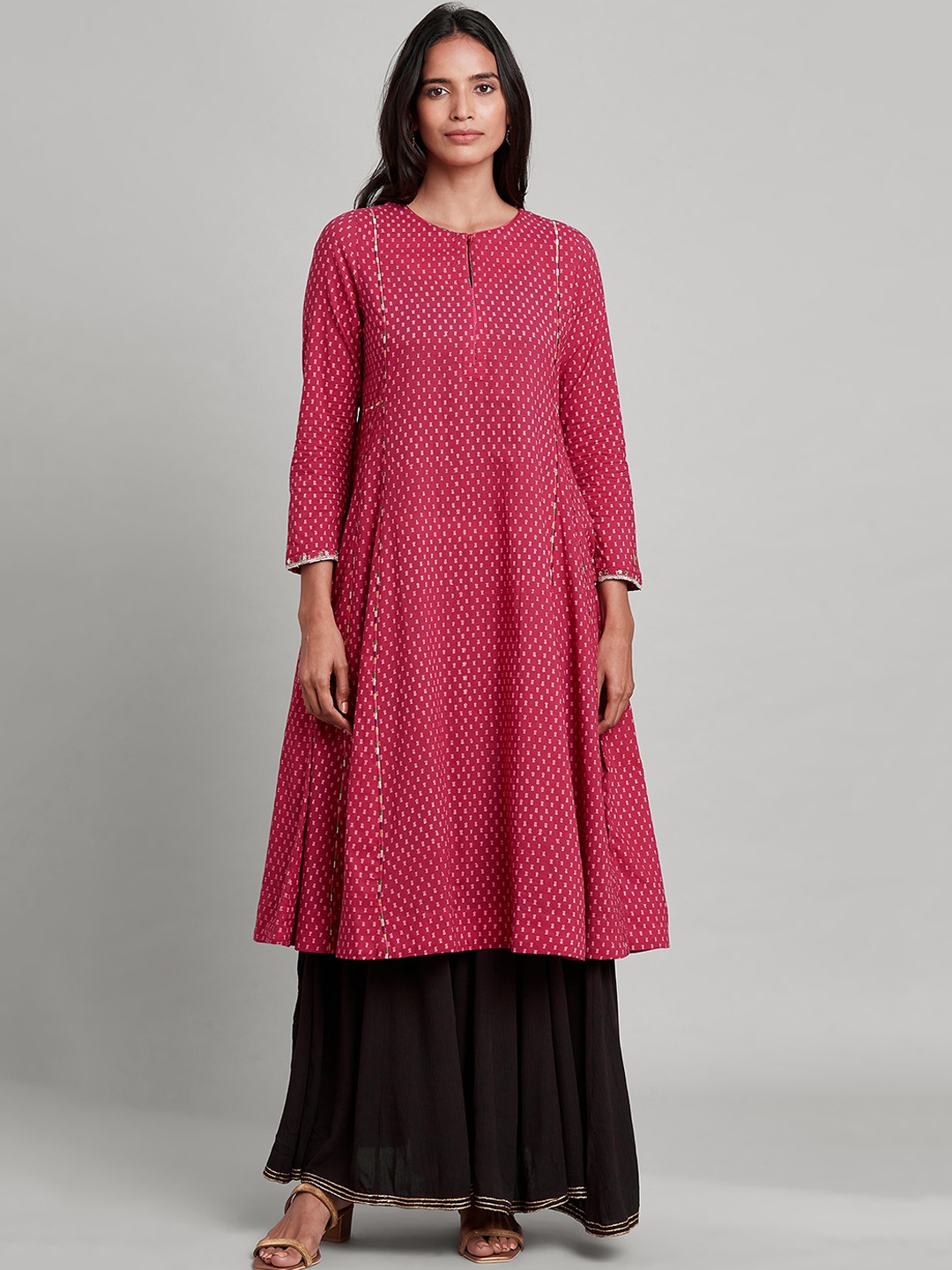 

W The Folksong Collection Women Pink Ethnic Motifs Printed Keyhole Neck Cotton Anarkali Kurta