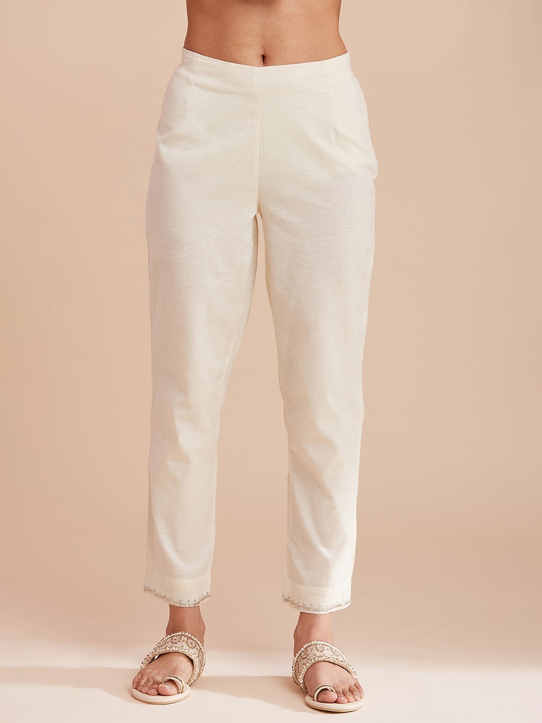 

W The Folksong Collection Women White Pure Cotton Trousers