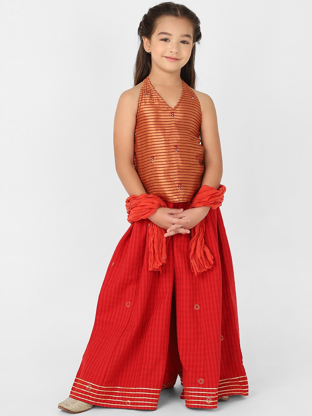 

Fabindia Girls Red Striped Pure Cotton Kurta with Palazzos
