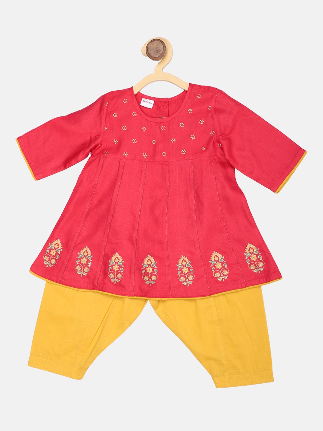

Fabindia Girls Pink & Yellow Ethnic Motifs Embroidered Kurta with Salwar
