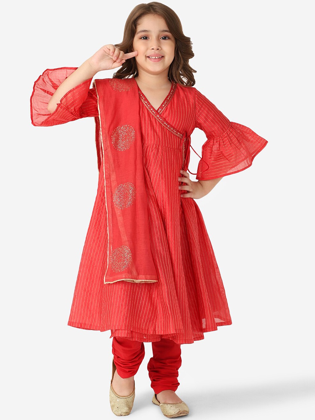 

Fabindia Girls Red & Golden Striped Angrakha Gotta Patti Kurta with Churidar & Dupatta