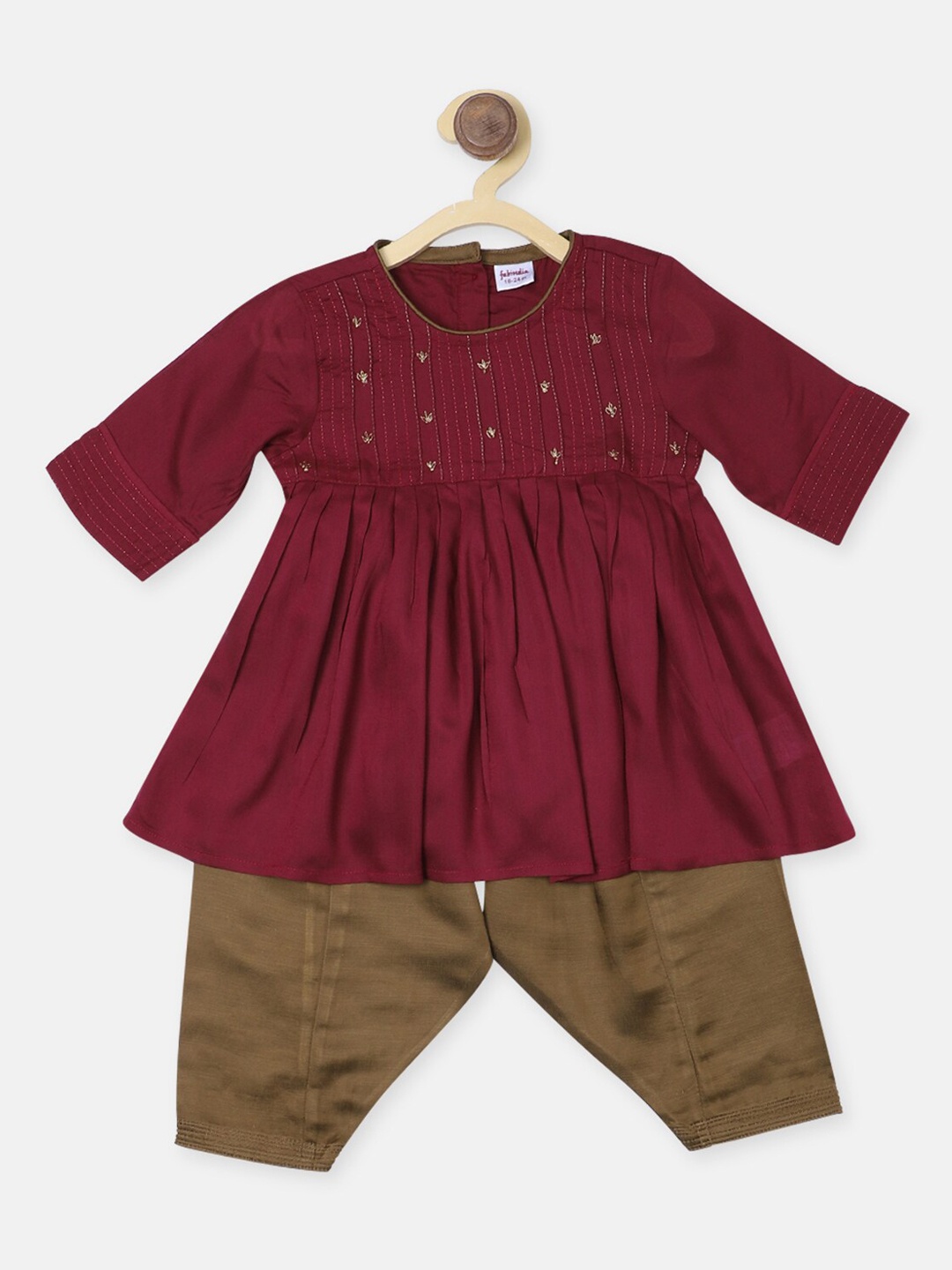 

Fabindia Girls Burgundy Floral Embroidered Angrakha Zardozi Kurta with Salwar