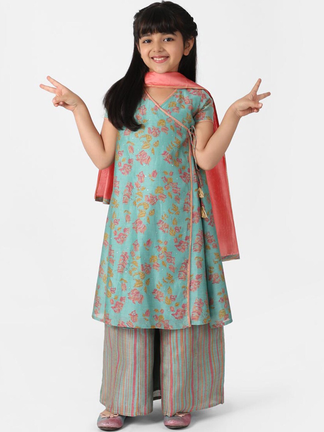 

Fabindia Girls Turquoise Blue Floral Printed Angrakha Kurta with Palazzos & With Dupatta