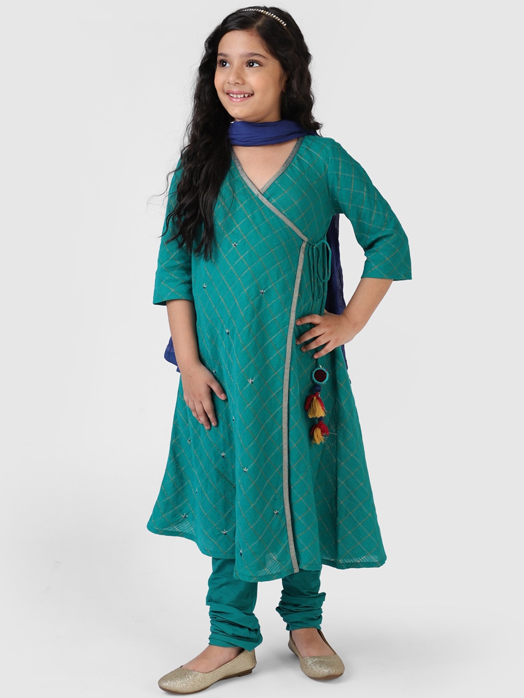 

Fabindia Girls Teal Blue Angrakha Pure Cotton Kurta with Churidar & With Dupatta