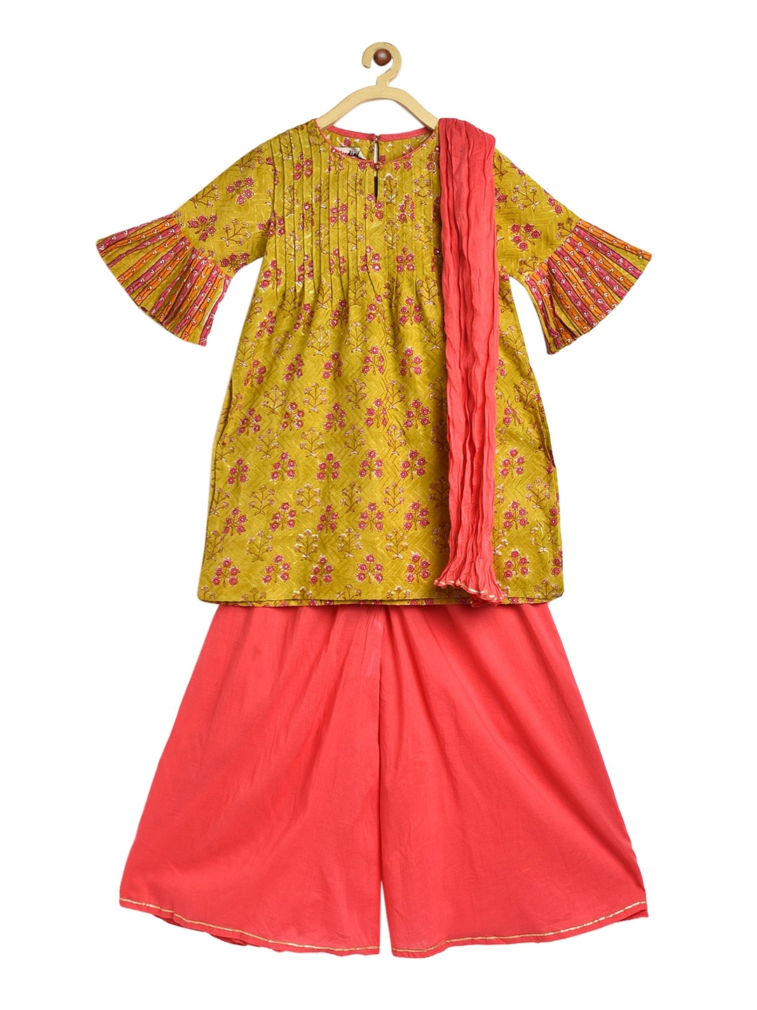 

Fabindia Girls Green & Pink Floral Pleated Pure Cotton Kurti with Palazzos & Dupatta