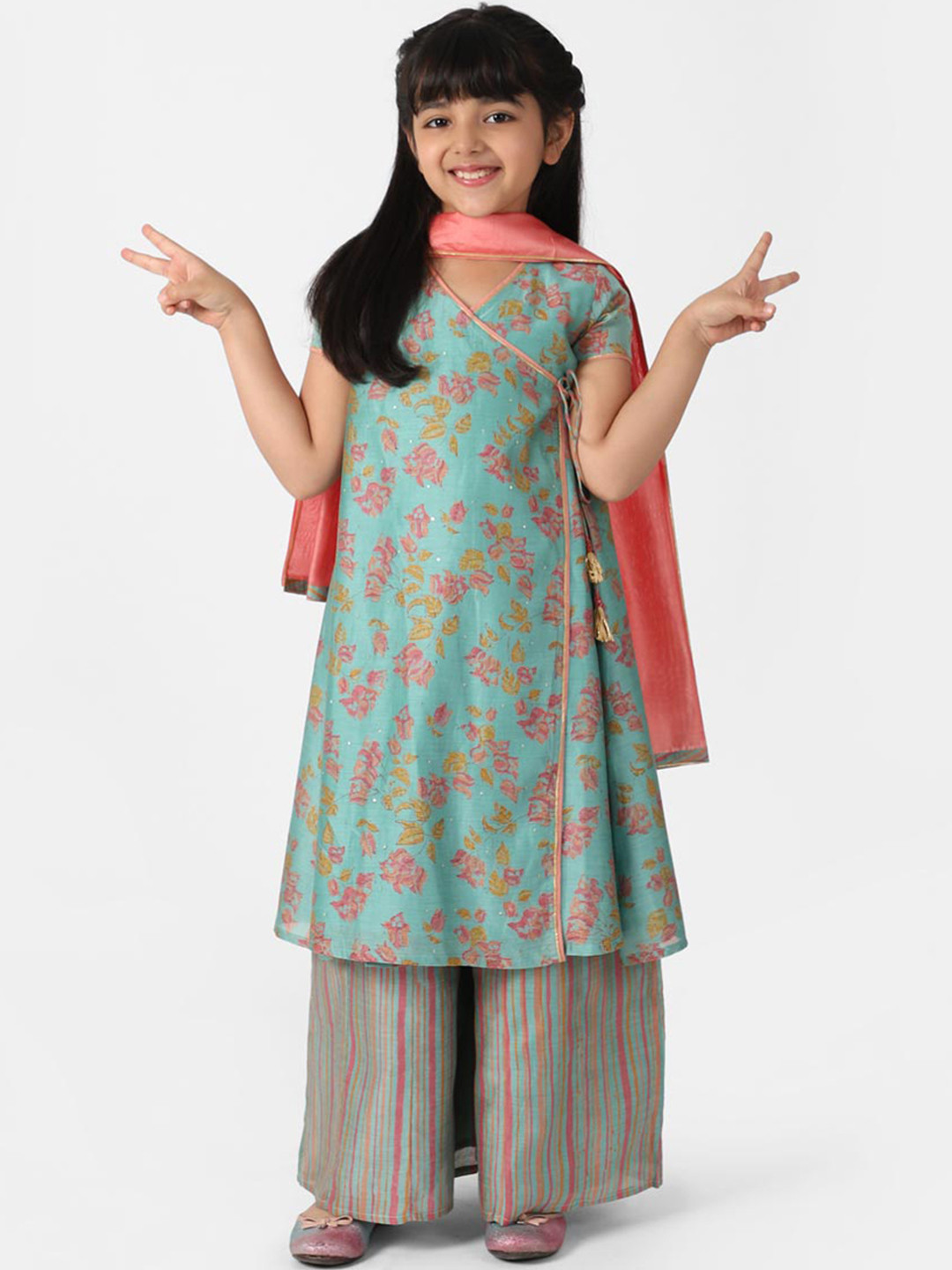 

Fabindia Girls Turquoise Blue Floral Printed Angrakha Kurta with Palazzo & Dupatta