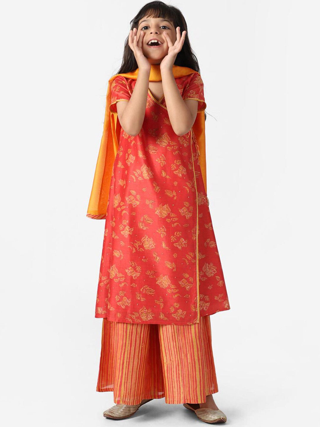 

Fabindia Girls Red & Yellow Floral Printed Angrakha Kurta with Palazzos & Dupatta